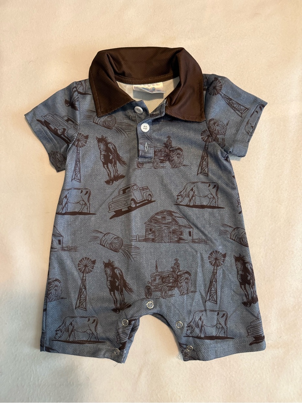 Boys Farm Print One-Piece Romper - Blue & Brown